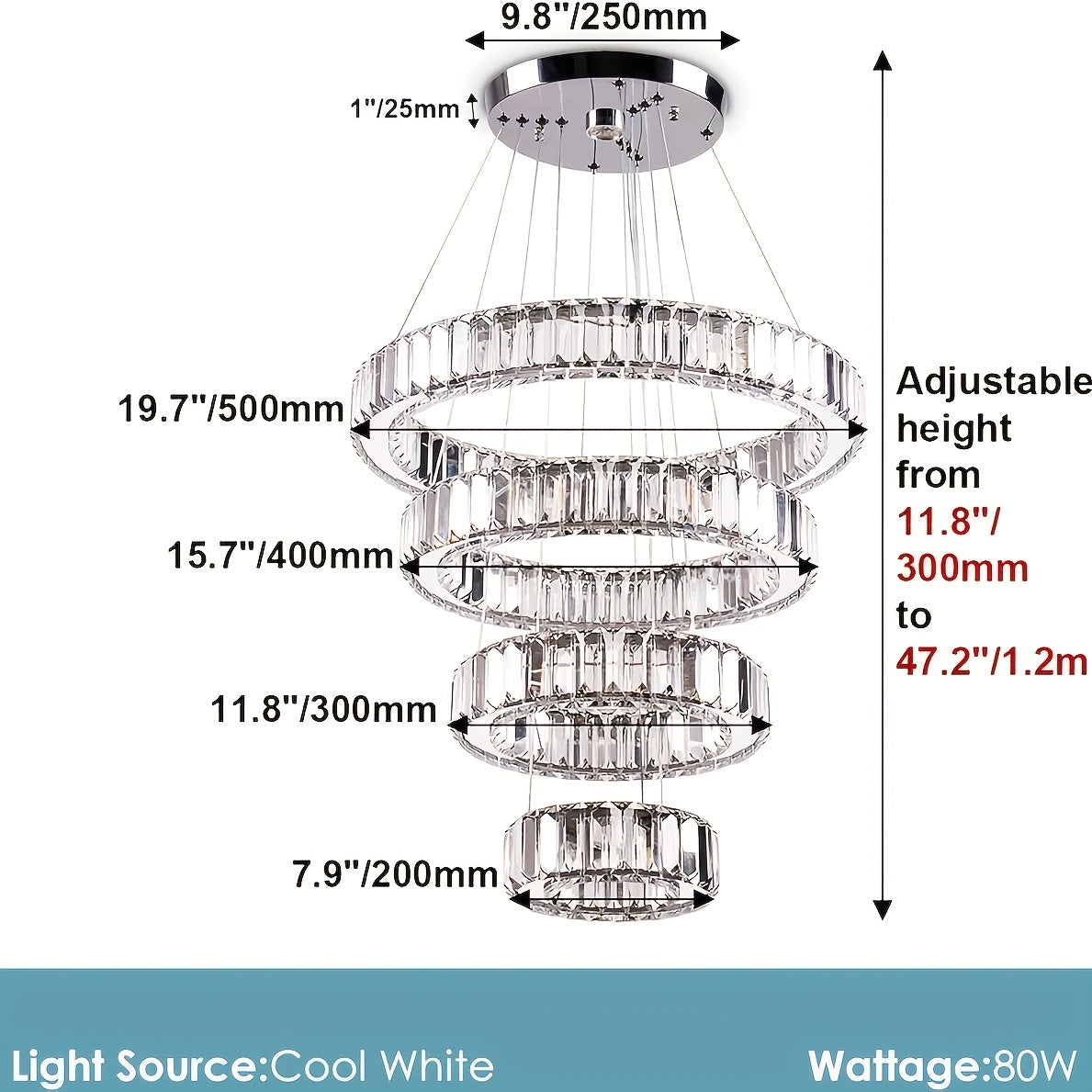 Modern LED pendant light, crystal chandelier, with 4 rings, suitable for dining room, bedroom and living room, diameter 7.9" to 19.7"