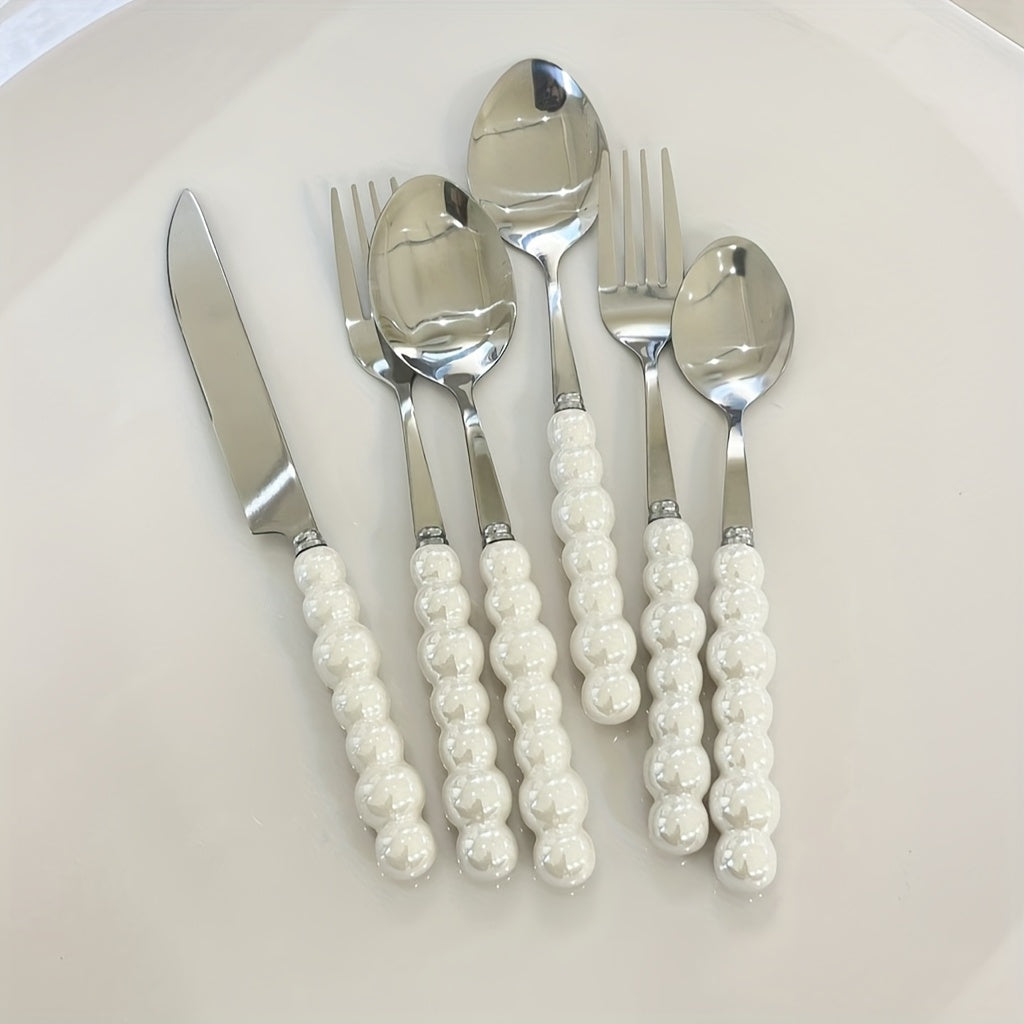 8/12/16Pcs Ceramic Handle Cutlery Set, Stainless Steel Knife Fork Spoon Set, Novel Creative Pearl-Shaped Handle Fork, Soup Spoon, Rice Spoon, Perfect for Restaurant & Home Dining, Kitchen Supplies, Kitchen Accessories, Kitchen Utensil Set