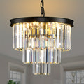 Modern Crystal Chandelier Gold 15.7-Inch Round Pendant Light, 7-Light Ceiling Chandelier Fixture for Dining Room, Raindrop Luxury Black Flush Mount Chandelier for Entryway Living Room