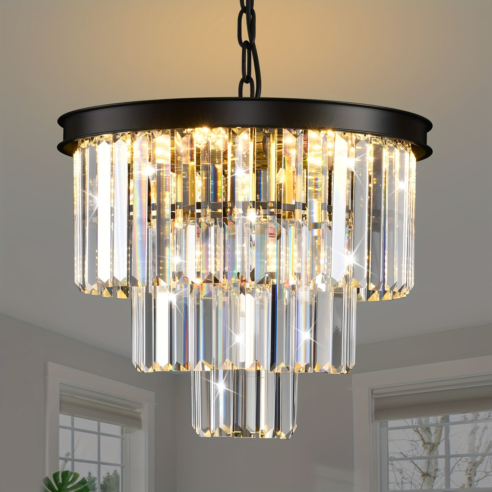Modern Crystal Chandelier Gold 15.7-Inch Round Pendant Light, 7-Light Ceiling Chandelier Fixture for Dining Room, Raindrop Luxury Black Flush Mount Chandelier for Entryway Living Room