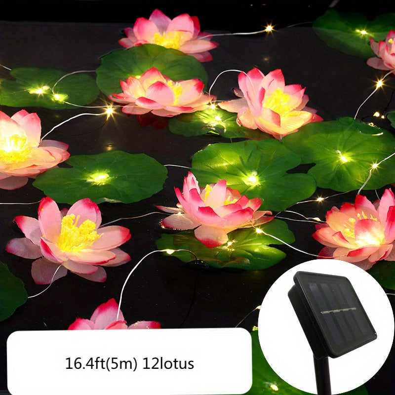 1个太阳能人造荷花串灯 - 户外LED夜灯，适用于游泳池、荷花灯、花园池塘喷泉、圣诞节、派对装饰(5朵/12朵荷花)