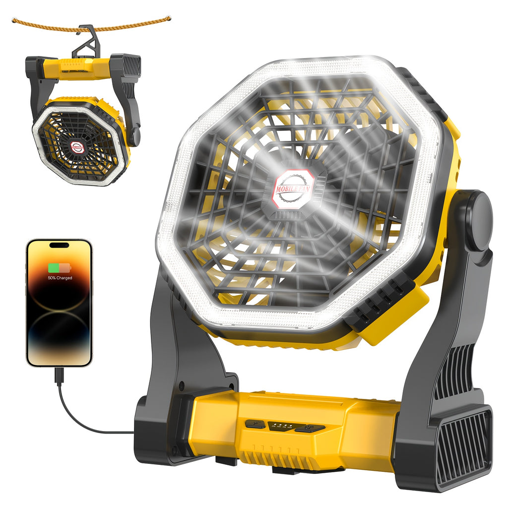 Portable Camping Fan with LED Light, USB Rechargeable, 4 Speed Adjustable, with Hook, for Picnic, BBQ, Fishing, Travel, Home, Tent