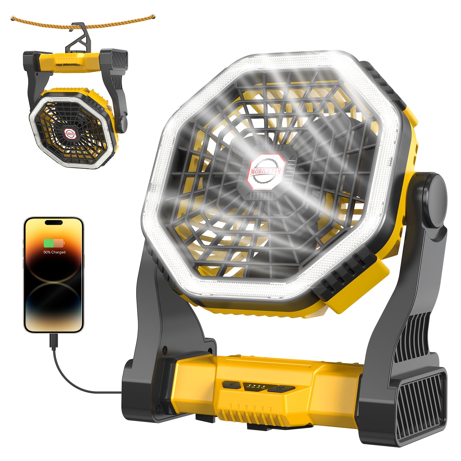 Portable Camping Fan with LED Light, USB Rechargeable, 4 Speed Adjustable, with Hook, for Picnic, BBQ, Fishing, Travel, Home, Tent