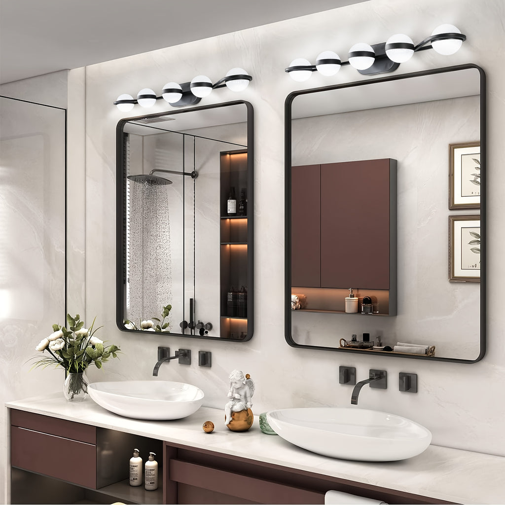 35.4-Inch 5-Light Bathroom Vanity Light, Elegant Bathroom Wall Light, Modern Minimalist Bathroom Vanity Light, with LED Light and Frosted Acrylic Shade, Wall-Mounted Decorative Lighting, Suitable for Bathroom, Living Room, Bedroom (Black)