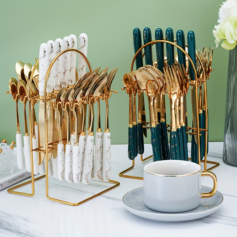 24-Piece Stainless Steel Cutlery Set with Short Ceramic Handle – Dinner Knife, Dinner Fork, Dinner Spoon, Dessert Spoon – Restaurant & Hotel Flatware Set