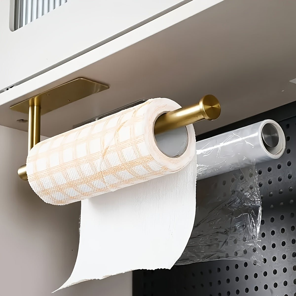 1pc No-Drill Self-Adhesive Wall Mount Paper Towel Holder - Stainless Steel Kitchen & Bathroom Organizer for Roll Paper, Cling Wrap, Towels & Utensils, Modern Space-Saving Design, Drill-Free Install, Sleek Metal Finish, Easy Setup