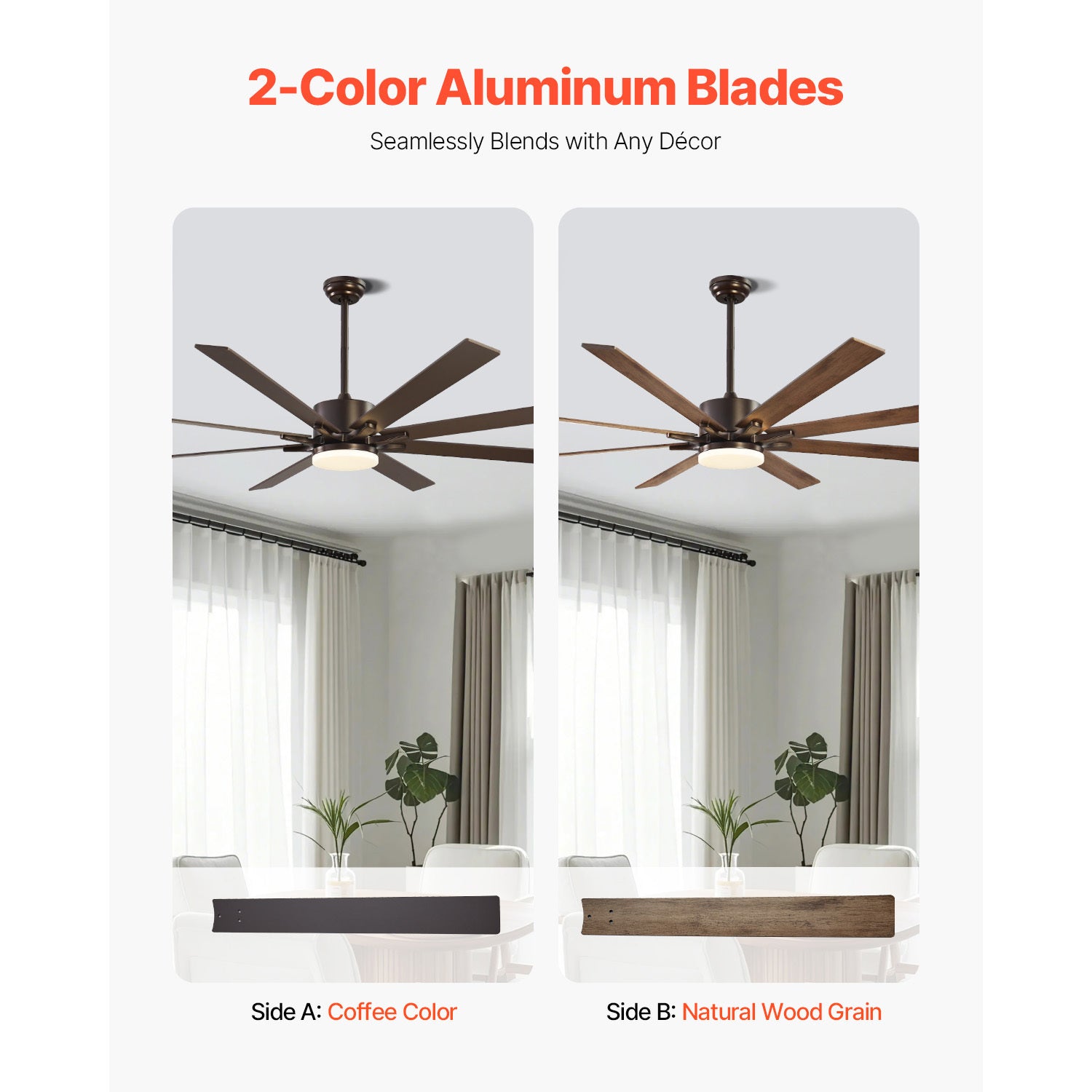 72 Inch Ceiling Fan with Light, 6 Speed Remote Control, Reversible Motor, Coffee Black Color