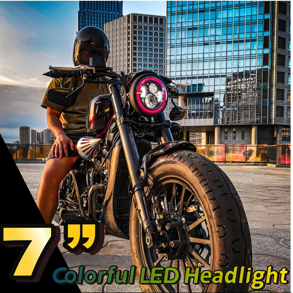 7-Inch Headlight Round Headlight with High/Low Beam and Daytime Running Light, Colored Angle Eye Light, Suitable for Cars and Motorcycles, No Battery Included