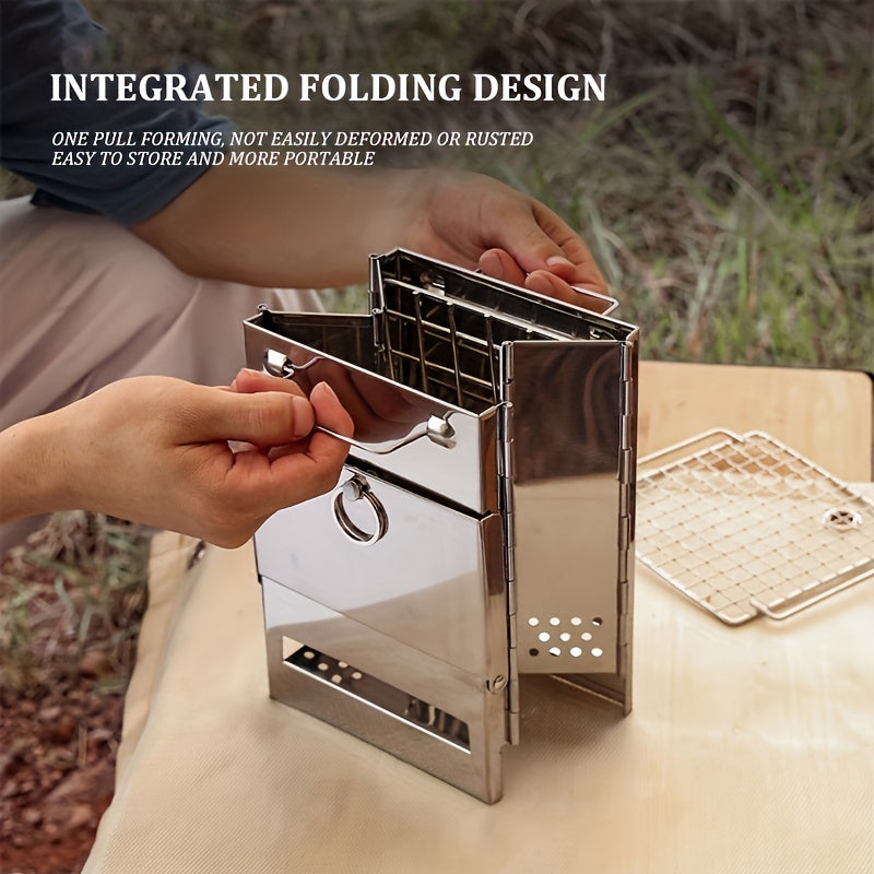 1 Outdoor Mini Wood Stove, Stainless Steel, Ideal for Picnic BBQ & Camping, Includes Storage Bag - Only for Cooking