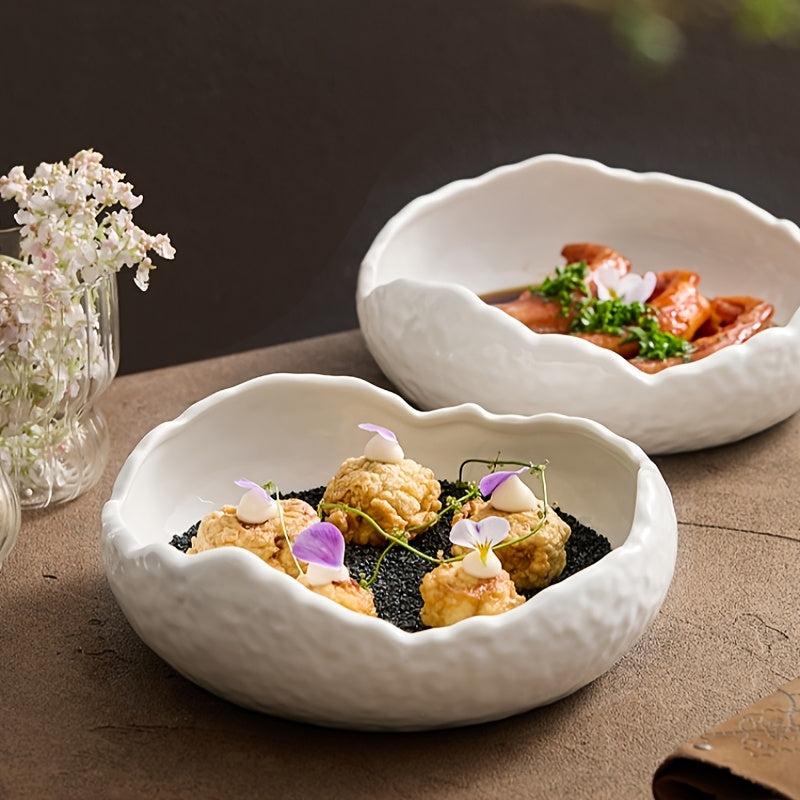 1 Piece Irregular Ceramic Deep Plate, Salad Bowl, Dessert Bowl – Perfect for Hotels, Restaurants & Home Use – Ideal for Salad, Soup, Dinner, Side Dishes, Noodles & Pasta