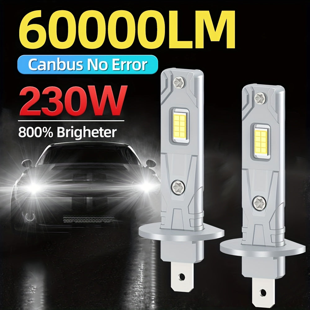 2 LED Headlight Bulbs, Compatible with 9005/HB3, 9006/HB4, H1, H4, H7, H11 Models, 60000 Lumens Super Bright High/Low Beam, Supports CANBUS Error-Free Technology, 800% Brightness Increase, 6000K Cool White Light, Plug-and-Play