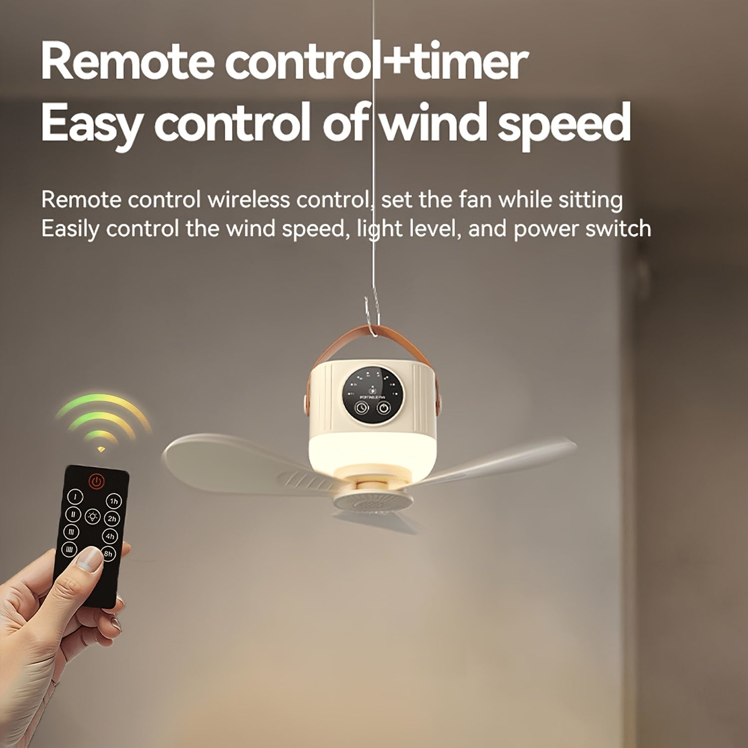 Portable Remote Control Ceiling Fan with Light, USB Rechargeable Camping Fan, Wireless Tent Fan, 4 Wind Speed Levels, Timer Function, Battery Powered, Suitable for RV, Truck, Roof Tent, Travel and Camping Scenarios