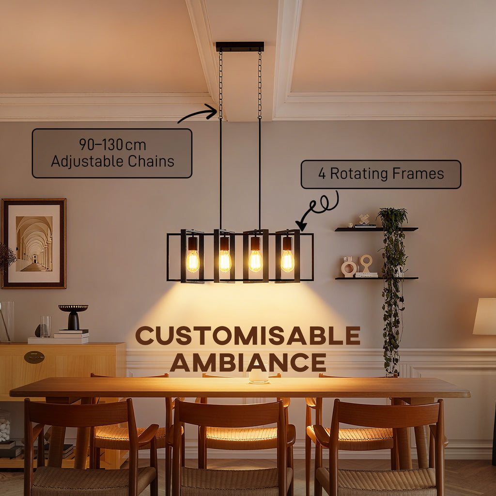 HOMCOM 31.5-inch pendant light, farmhouse style kitchen island lighting fixture, equipped with 4 rotatable lamp arms and adjustable height, suitable for living room, dining room, hallway, E26 base, black