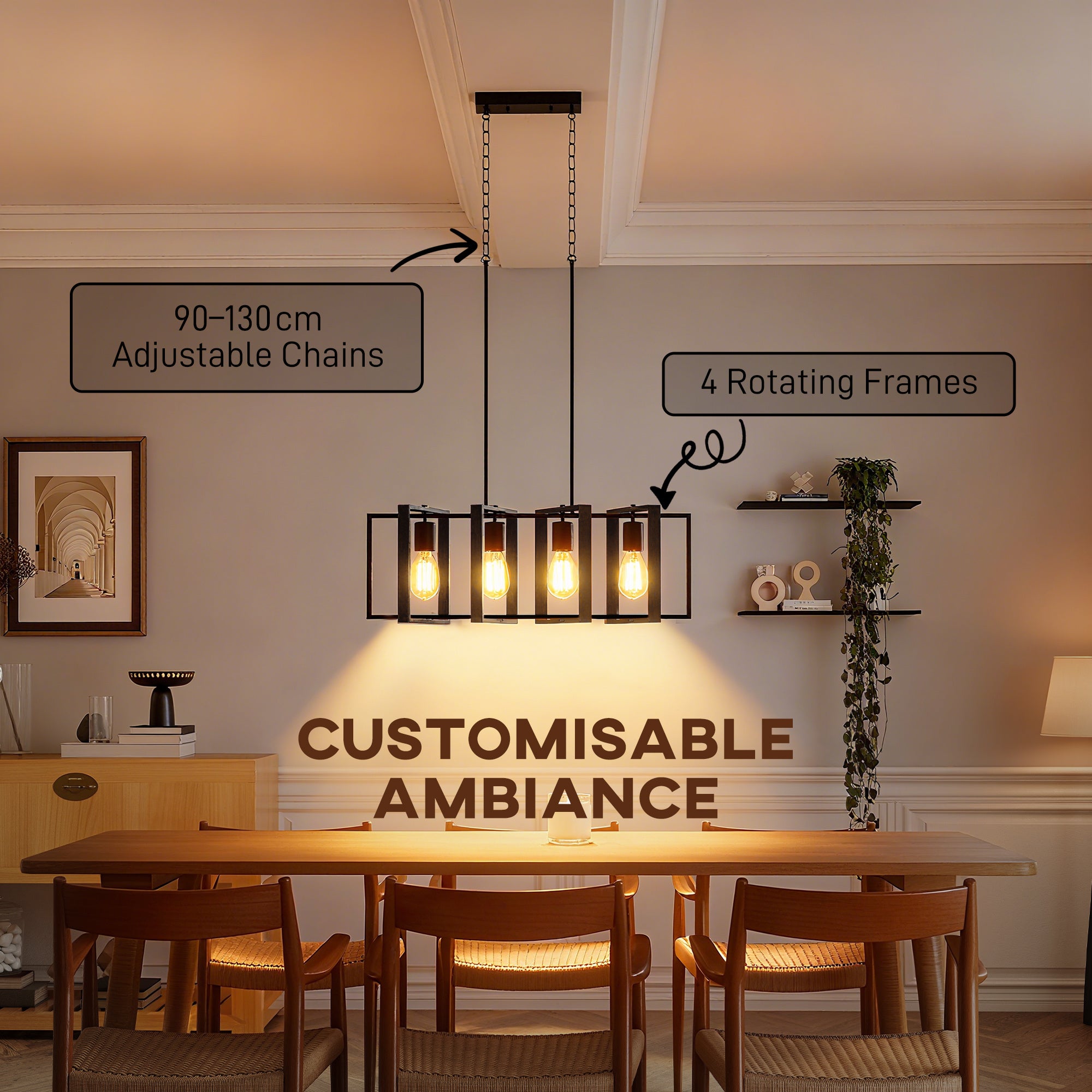 HOMCOM 31.5-inch pendant light, farmhouse style kitchen island lighting fixture, equipped with 4 rotatable lamp arms and adjustable height, suitable for living room, dining room, hallway, E26 base, black