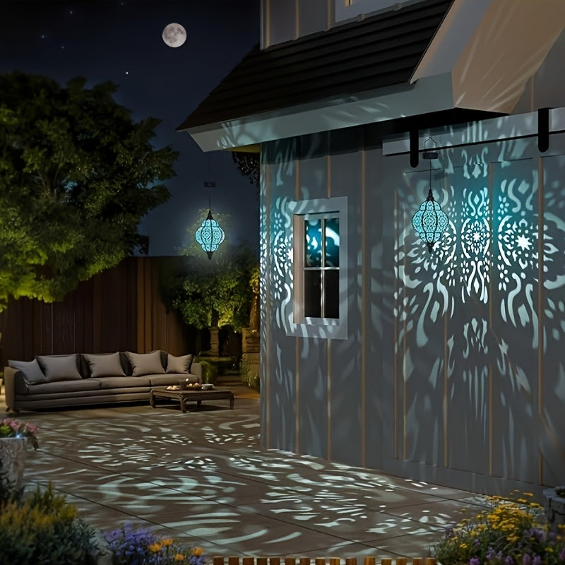 Two-Piece Solar Lantern, Colorful Large Round Moroccan Style Outdoor Hanging Light, Hollow Design, Waterproof, Suitable for Garden, Courtyard, Path, Halloween and Christmas Decoration