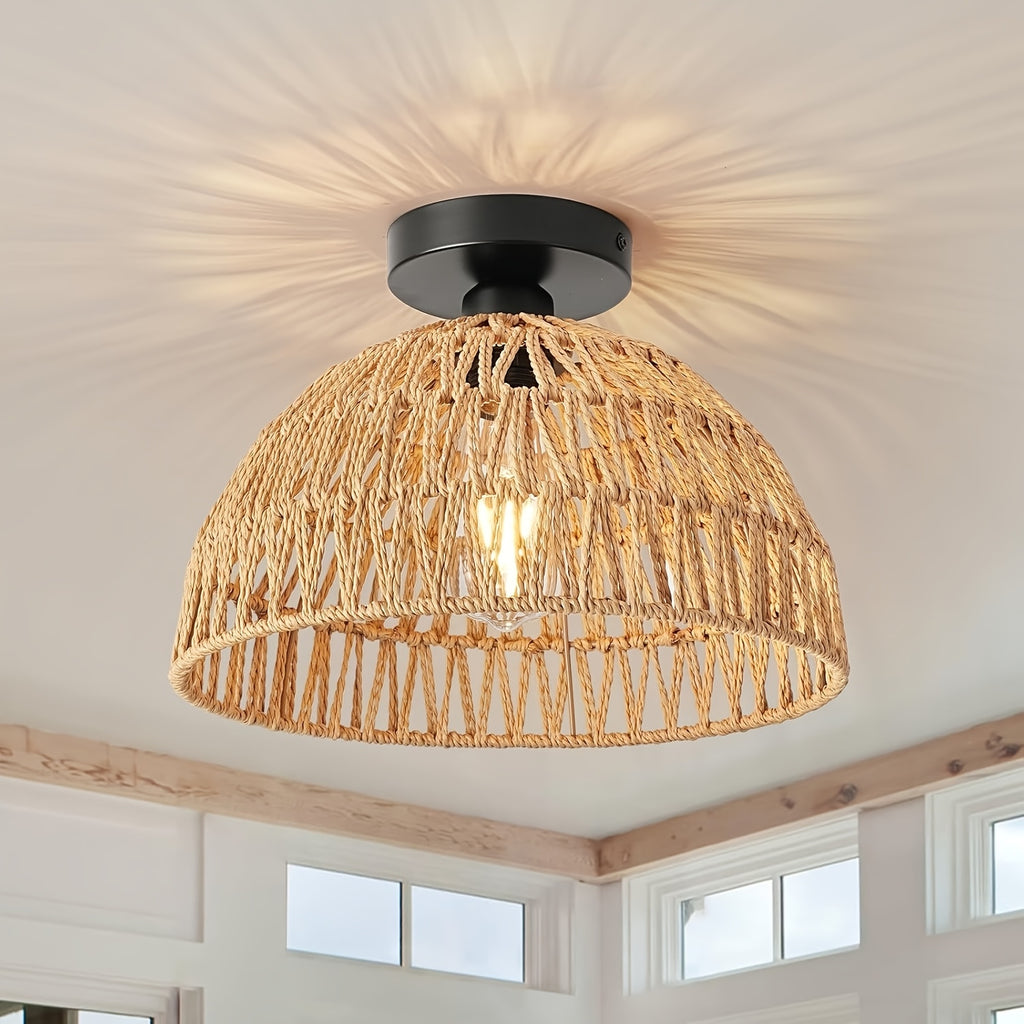 1 Bohemian Style Rattan Lamp with E27 Socket - Handwoven Rope Design, Semi-Flush Mount, Suitable for Bedroom, Hallway, Kitchen, Living Room, Dining Room Pendant Light, Rustic Coastal Style