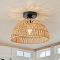 1 Bohemian Style Rattan Lamp with E27 Socket - Handwoven Rope Design, Semi-Flush Mount, Suitable for Bedroom, Hallway, Kitchen, Living Room, Dining Room Pendant Light, Rustic Coastal Style