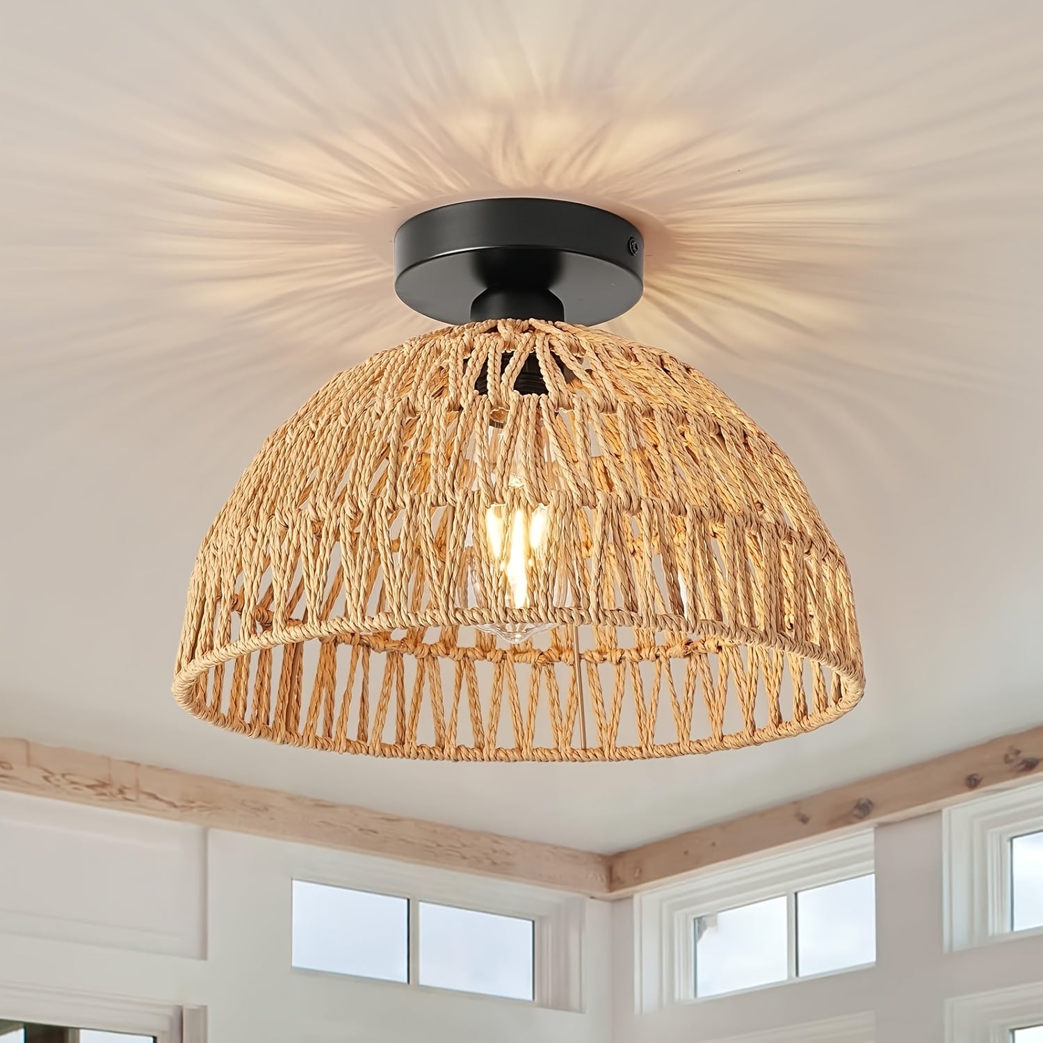 1 Bohemian Style Rattan Lamp with E27 Socket - Handwoven Rope Design, Semi-Flush Mount, Suitable for Bedroom, Hallway, Kitchen, Living Room, Dining Room Pendant Light, Rustic Coastal Style