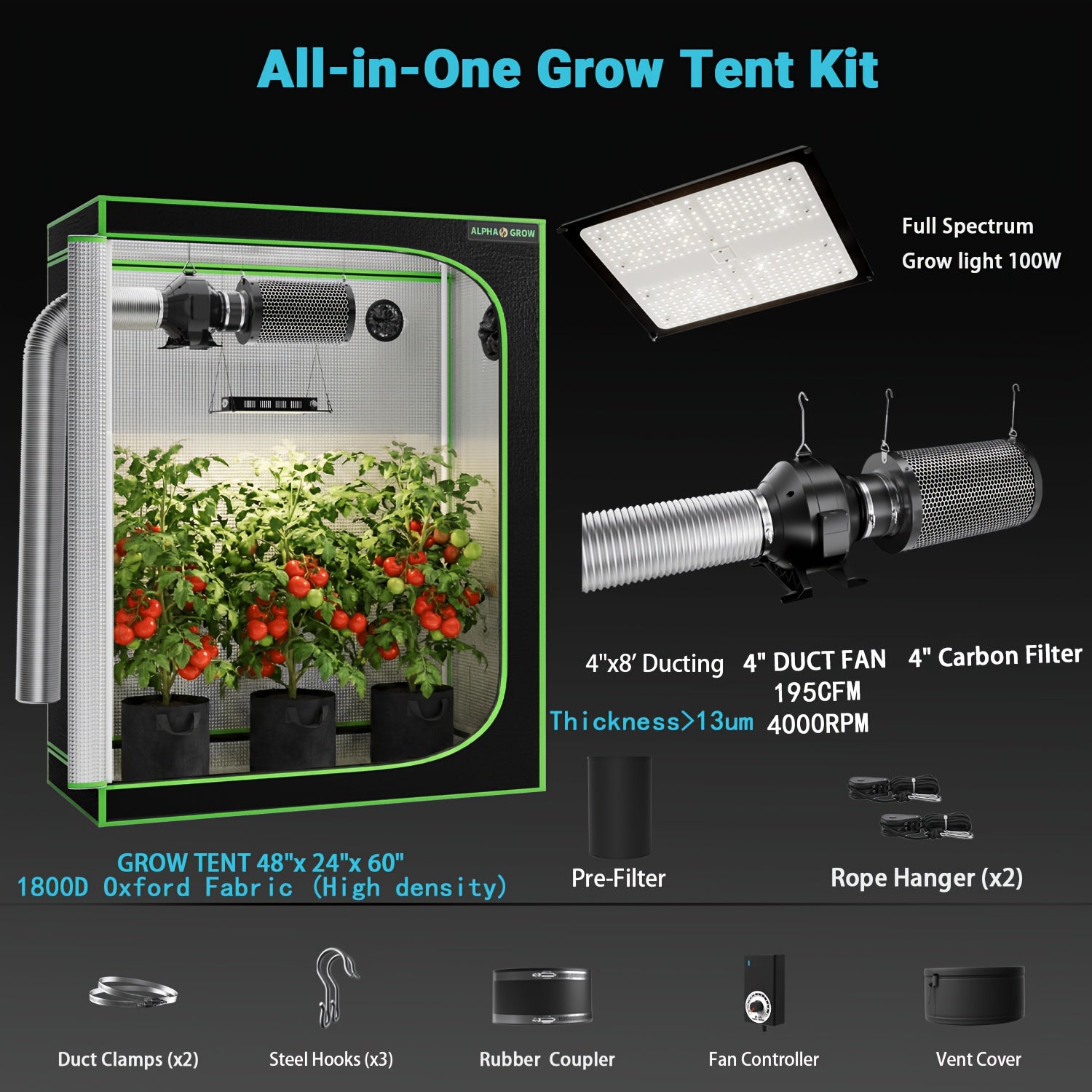Pro 4x2/4x4/2x2 1800D Grow Tent Kit, 48"x24"x60", Complete Hydroponic System Kit for Indoor Plants, 100W Full Spectrum LED Grow Light, 240CFM 6" Inline Fan & Independent Carbon Filter Air Circulation, High-Reflective Mylar Setup