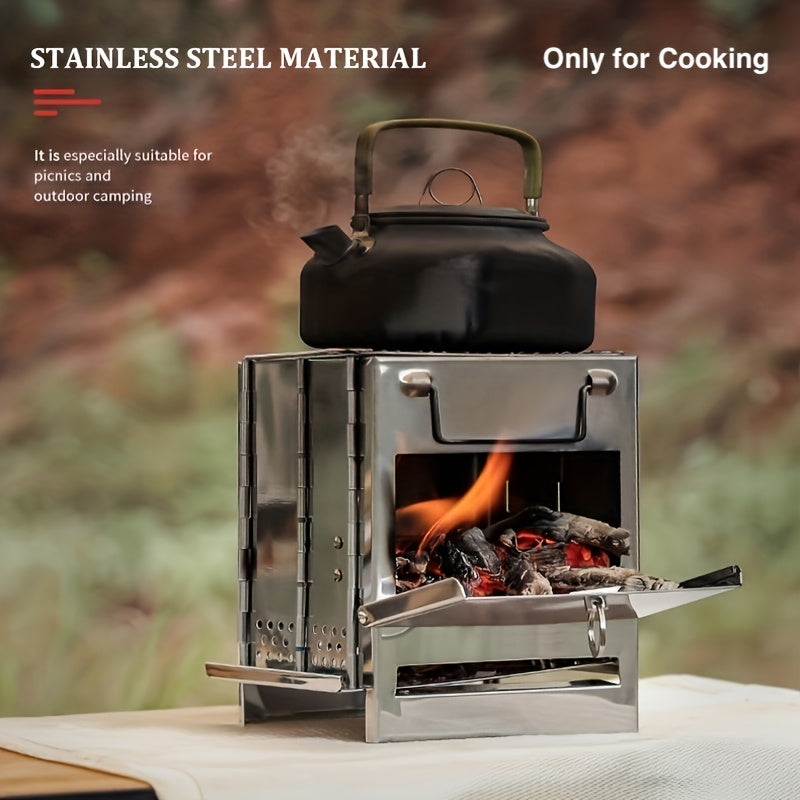 1 Outdoor Mini Wood Stove, Stainless Steel, Ideal for Picnic BBQ & Camping, Includes Storage Bag - Only for Cooking