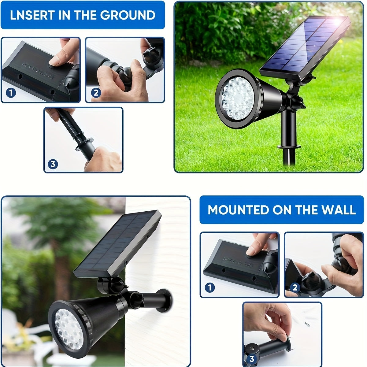 1 set 18-LED solar outdoor tree light, 18-LED home garden landscape spotlight, courtyard tree lighting, IP44 hallway ambiance path light, suitable for landscape lighting in gardens, yards, avenues, trails, sidewalks and other scenes
