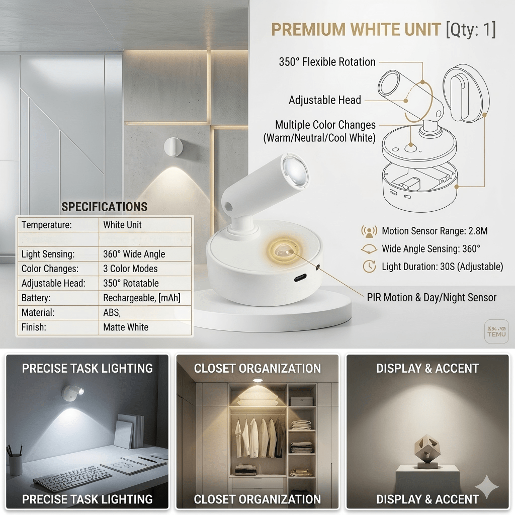 350° Rotatable Modern Style Round Sensor Wall Light, Ambient Spotlight, 3-Color Temperature Magnetic Sensor Wireless LED Spotlight/Wall Light: Rechargeable, Adjustable Warm/Cool/Neutral Light, Magnetic Installation, No Drilling Needed