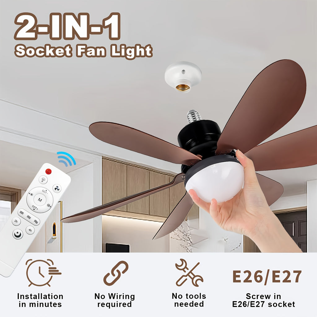 Smart Brown Ceiling Fan Light with Remote, Dimmable LED 3-Color Lighting, 3 Wind Speeds, 6-Blade Fan Light, E27/E26 Base Hardwired, Ideal for Kids' Room, Bedroom, Kitchen, Study, Brown Flush Mount Fan Light.