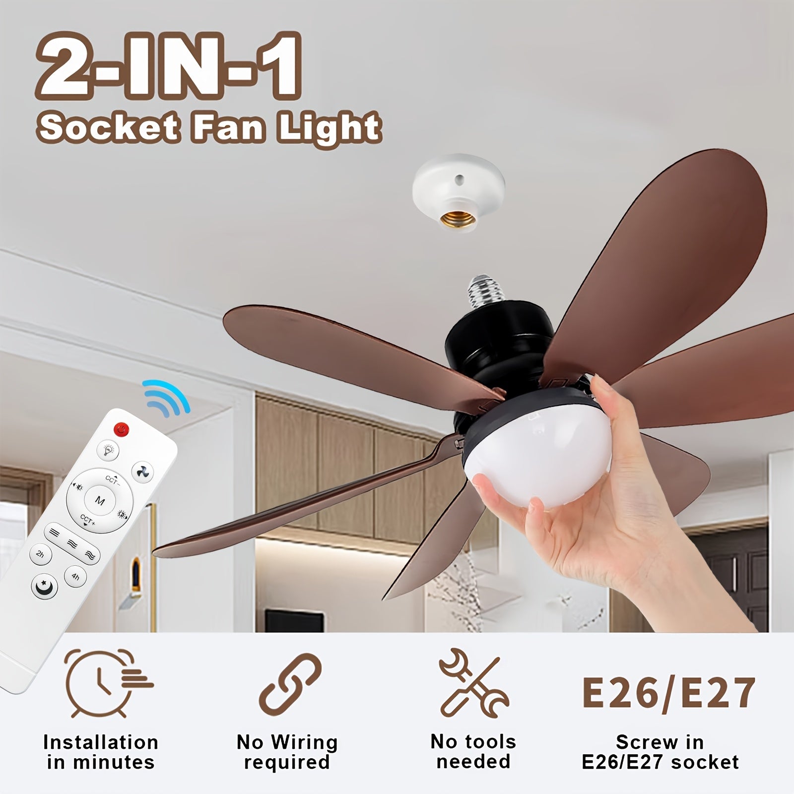 Smart Brown Ceiling Fan Light with Remote, Dimmable LED 3-Color Lighting, 3 Wind Speeds, 6-Blade Fan Light, E27/E26 Base Hardwired, Ideal for Kids' Room, Bedroom, Kitchen, Study, Brown Flush Mount Fan Light.