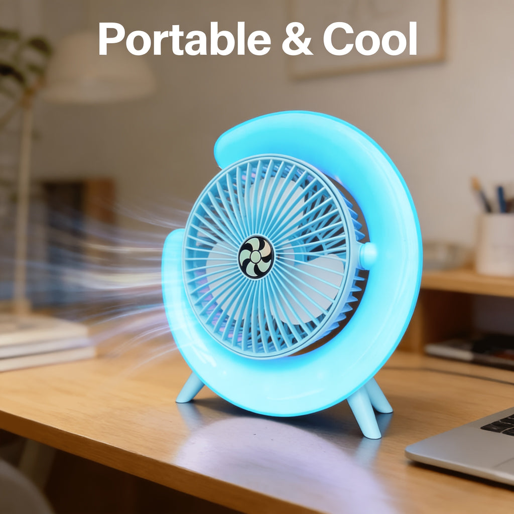 Colorful RGB Desktop Mini Fan, 3 Speed Levels, 1800mAh Long Lasting Rechargeable Battery, 9 Ambient Light Modes, Quiet Low Noise Design, Compact & Portable, Durable PP Material