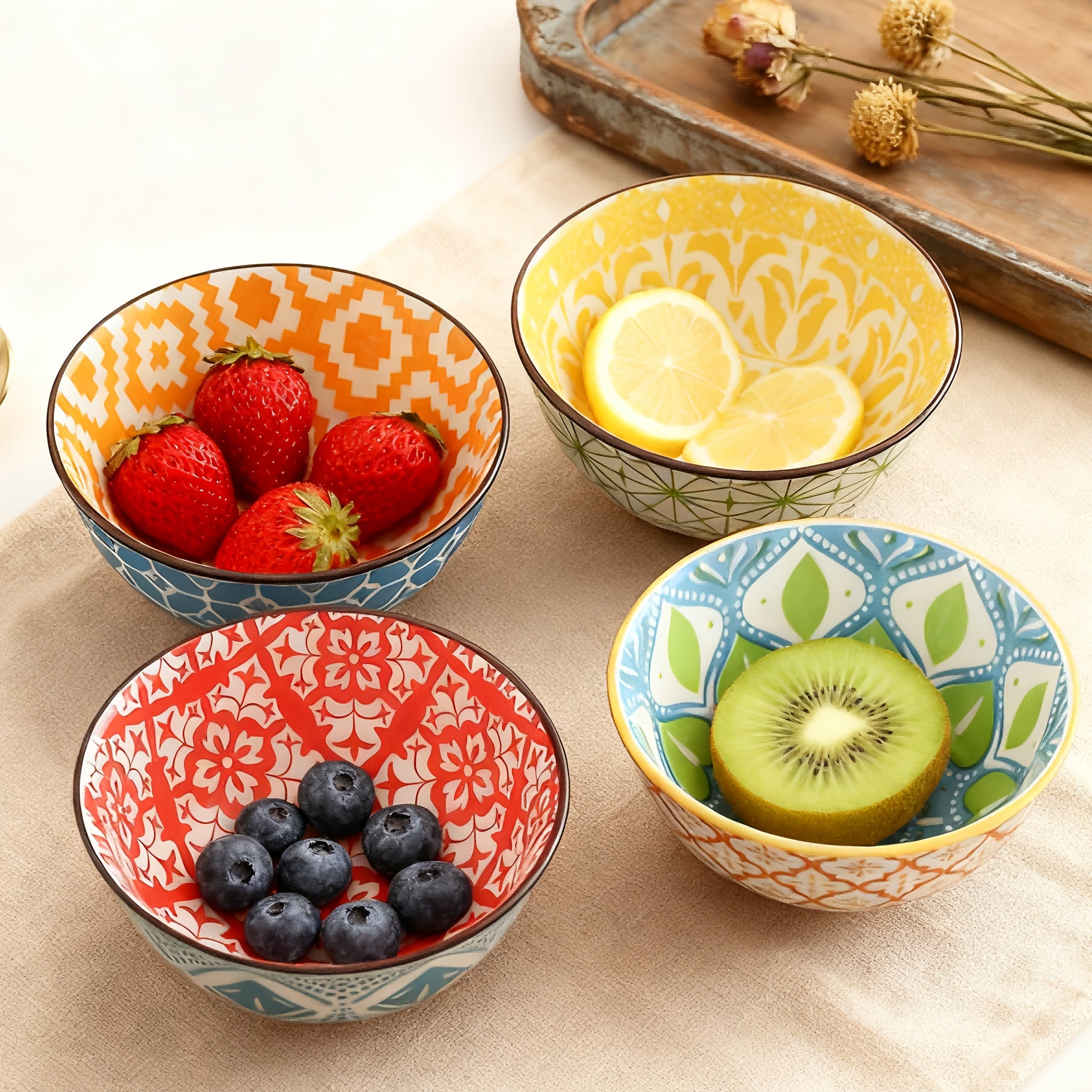 4-Piece Bohemian Style Ceramic Salad Bowls, 4.8-Inch Colorful Kitchen Bowl Set – Great Gift for Family & Friends – Can Be Used as Fruit Bowl, Salad Bowl, Cereal Bowl, Rice Bowl, etc. – Dishwasher & Microwave Safe