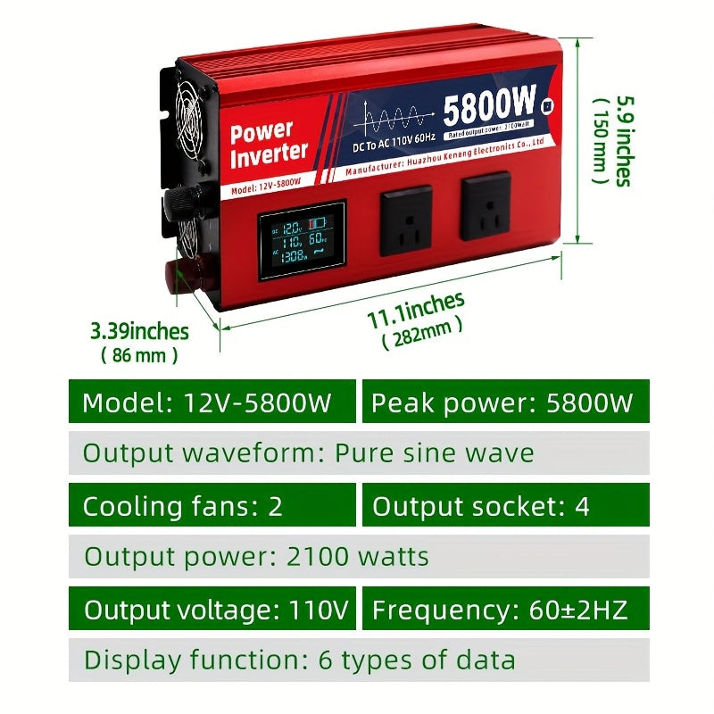 2100W/5800W持续功率汽车电源转换器DC12V转AC110V便携式逆变器，适用于房车、汽车、移动电源，多功能车辆露营设备，露营和旅行的过载保护、旅行电源|便携式逆变器,无电池
