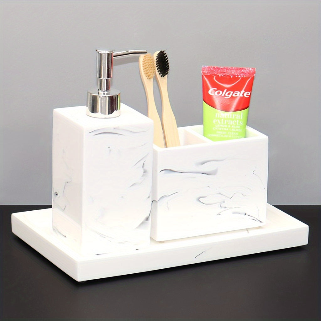 3-Piece Marble Grain Sandstone Finish Soap Dispenser & Toothbrush Holder Countertop Tray - Home Bathroom Apartment Decor Accessories, Soap Bottle Set