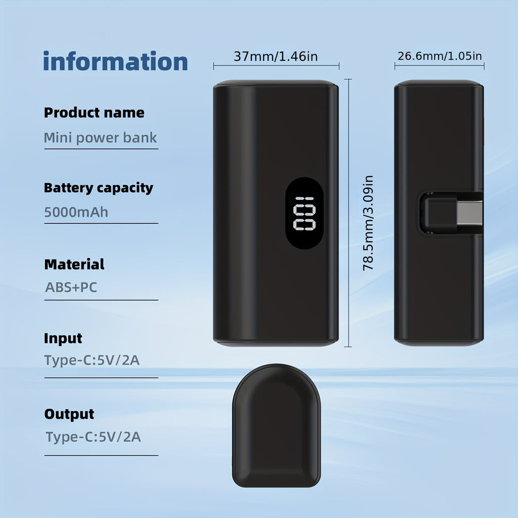 [新款迷你移動電源] 5000mAh超輕便攜充電器，內建USB-C直插式介面，5V2A輸出，LED數字顯示，無需線纜，直接插入充電，適合飛行，相容IOS 17/16 Plus/15 Pro/15 Pro Max/Pad Pro，安卓手機、耳機、揚聲器及其他電子裝置。是通勤者、旅行者、學生的理想選擇