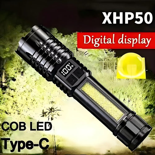 1Pc Super Bright XHP70 Powerful LED Flashlight, Power Bank Flashlight, USB Rechargeable Camping Tactical Flashlight with COB Light, Ideal for Camping and Emergency Use