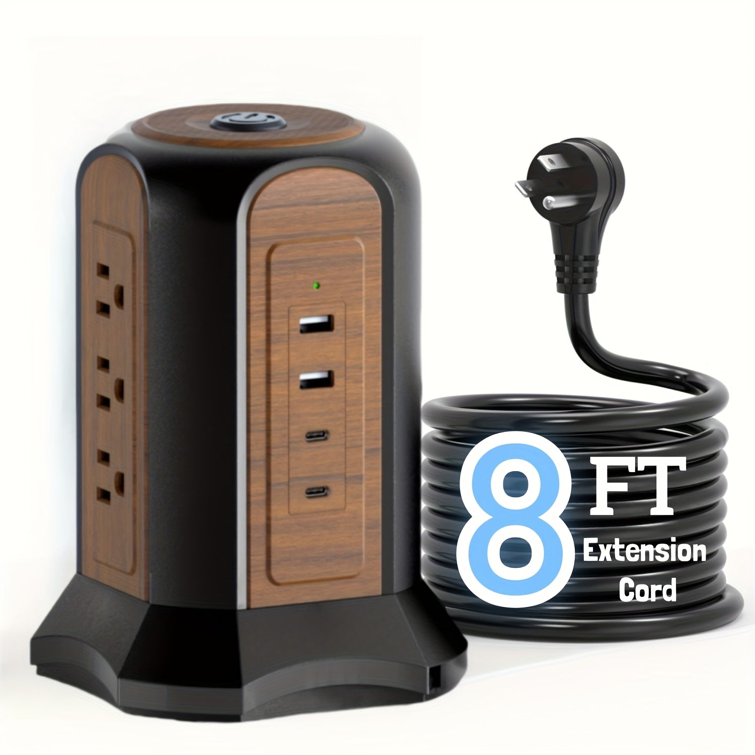 13-in-1 PD Power Strip Tower Surge Protector USB C Desktop Charging Station With 9 Widely Spaced AC Outlets 2 USB-C 2 USB-A Ports 8.8ft Heavy-Duty Extension Cord For Home Office Dorm Bedroom Kitchen Garage, Wood Grain