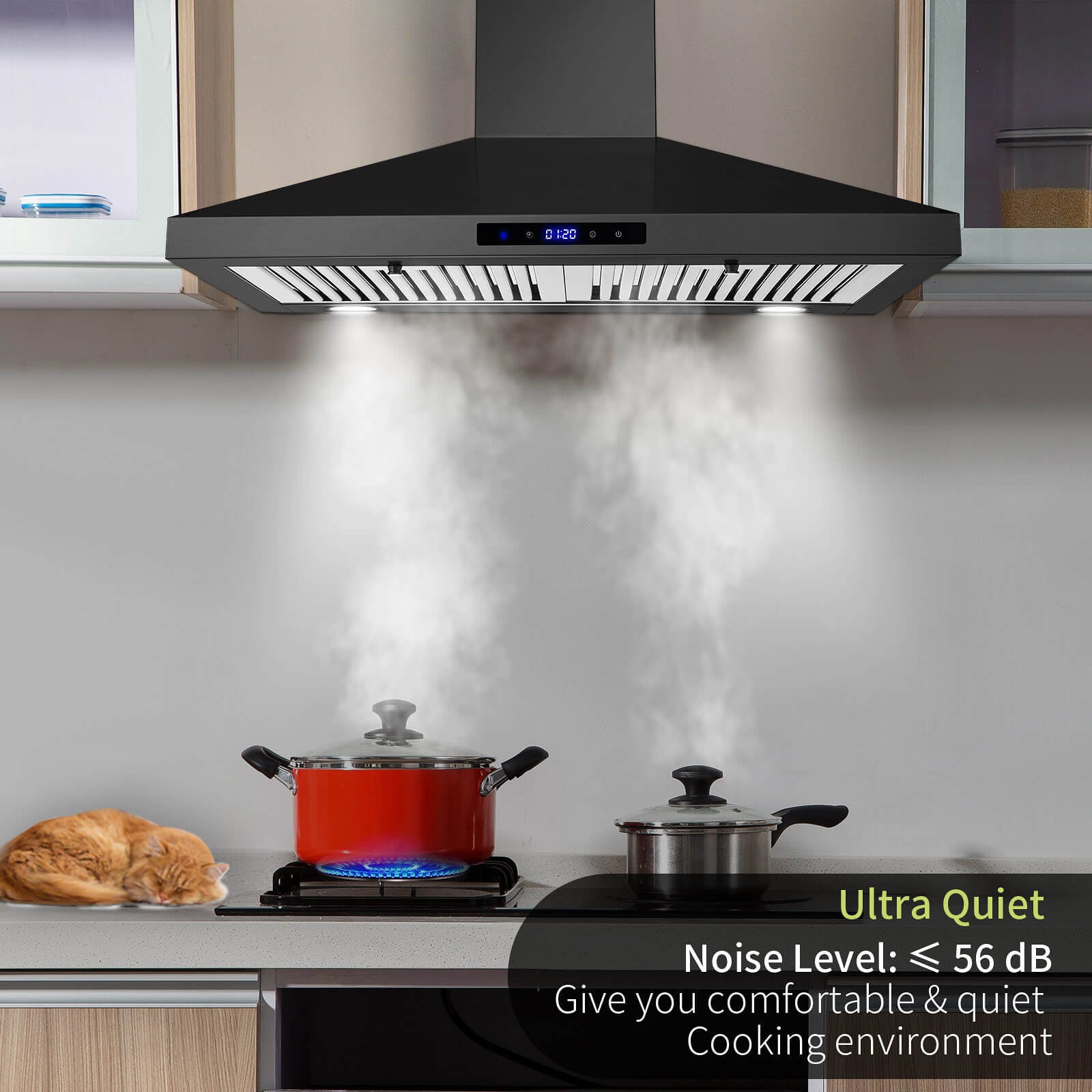 30-Inch Wall-Mounted Range Hood, 450 CFM Ventilation, Touch Control, Stainless Steel Design, LED Lighting, 3-Speed Fan, Available in Black and Silver