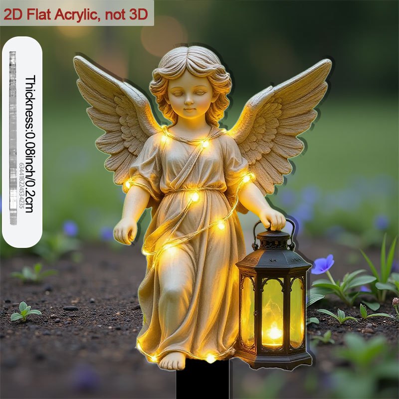 2D Flat, Angel Statue Garden Stake with Light-Up Lantern and Sharp Base - Self-Lit Outdoor / Acrylic Plant Flower Pot, Courtyard Decoration - Angel Holding Lantern, Durable Ground Stake (No Wiring Needed), 2D Flat