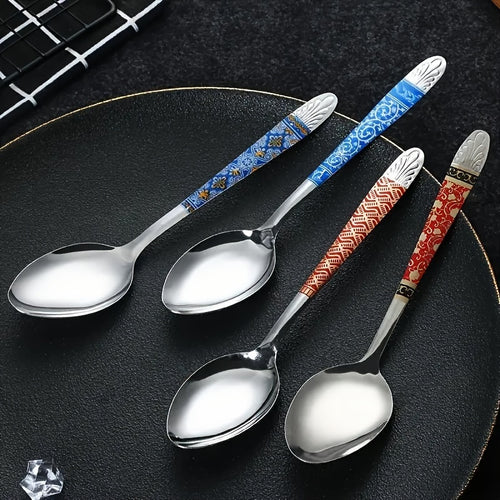 10-Piece Set Multi-Color Stainless Steel Retro Printed Soup Spoon – Elegant Cutlery Set, Sturdy & Durable, Easy to Clean, Simple Milk Spoon, Modern Stirring Spoon, Reusable Spoons