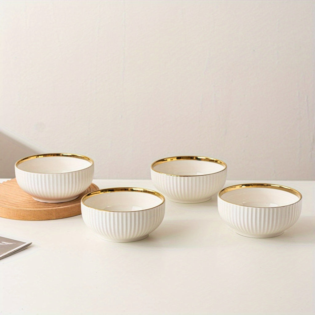 4-Piece Luxury Gold Rim Ceramic Noodle Bowl Set, Salad & Fruit Bowl, Round Kitchen Tableware – Dishwasher Safe