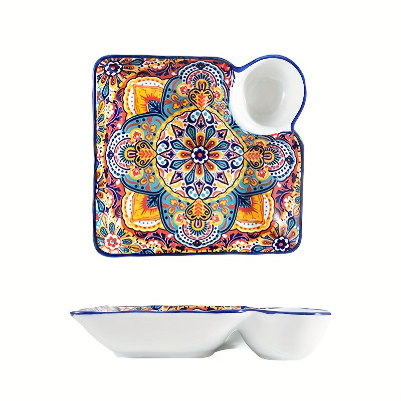 NTKOW 1 Set of 4 Bohemian Style Art Ceramic Dinner Plates – 8-Inch Multi-Purpose Steaming & Serving Bun Plate – Microwave Safe, Beautiful Hand-Painted Design – Suitable for Home & Commercial Use, Easy to Clean