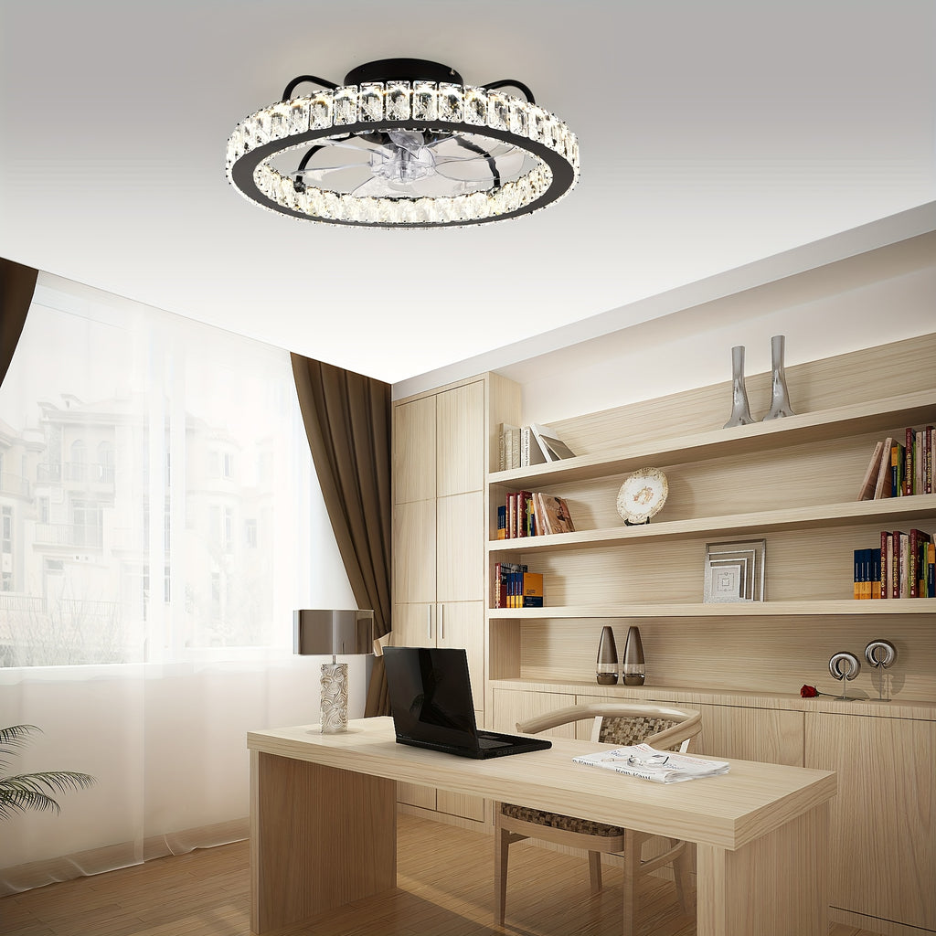 Ganeed Modern Dimmable LED Crystal Ceiling Fan Light, 19.69 Inch Black Round Ceiling Fan with Light and Remote, Bladeless Semi Flush Mount Indoor Fan Fixture for Living Room Kitchen Bedroom