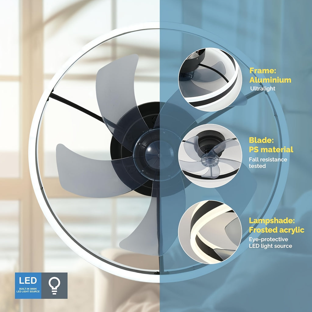 Modern Indoor Remote Control Flush Mount Ceiling Fan, Embedded Design, 19.7 Inch Dimmable LED Light, Low Profile Smart Color Changing, 3 Lighting Modes & 6 Speed Settings