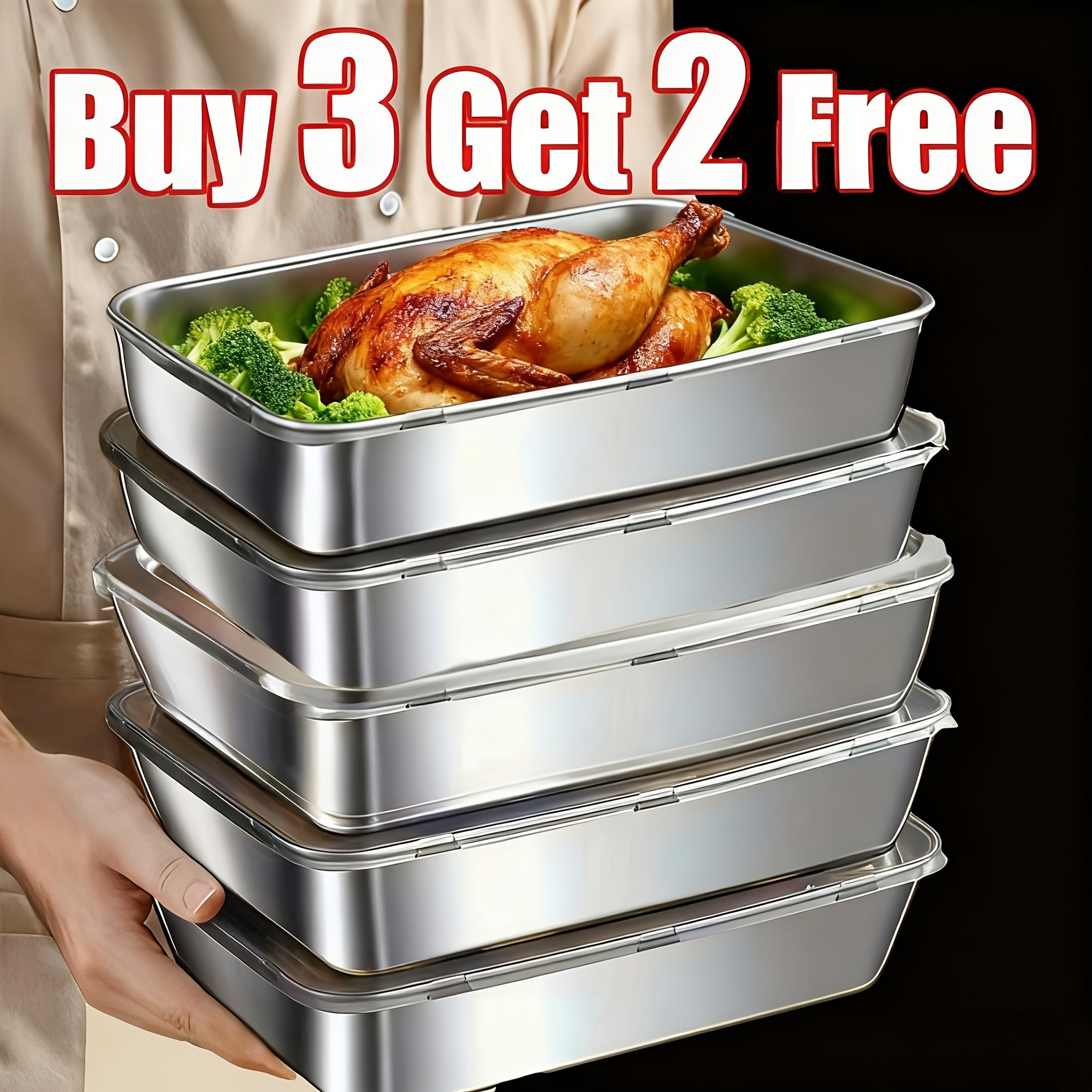 Buy 3 Get 2 Free: 5-Piece Premium Stainless Steel Food Storage Containers – With Lids, Stackable & Easy to Clean – Perfect for Picnics, Meal Prep & Fridge Organization