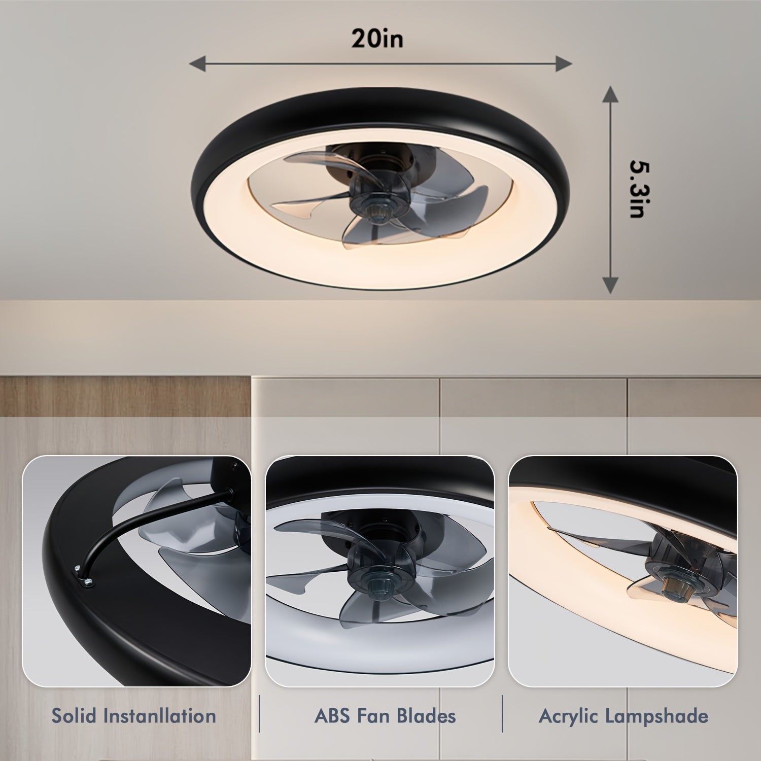 Low Profile Remote Control Ceiling Fan with Light, 20 Inch Flush Mount, 3000K-6500K Smart Bladeless LED Fan Light, Black Modern Ceiling Fan for Bedroom