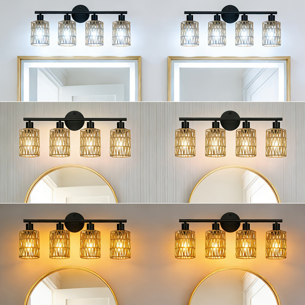 Farmhouse style 4-light hardwired semi-flush mount / ceiling mount vanity mirror light, with hand-woven lampshade — vintage cast iron top-mount wall light, suitable for bathroom, bedroom, hallway mirror installation (mirror not included)
