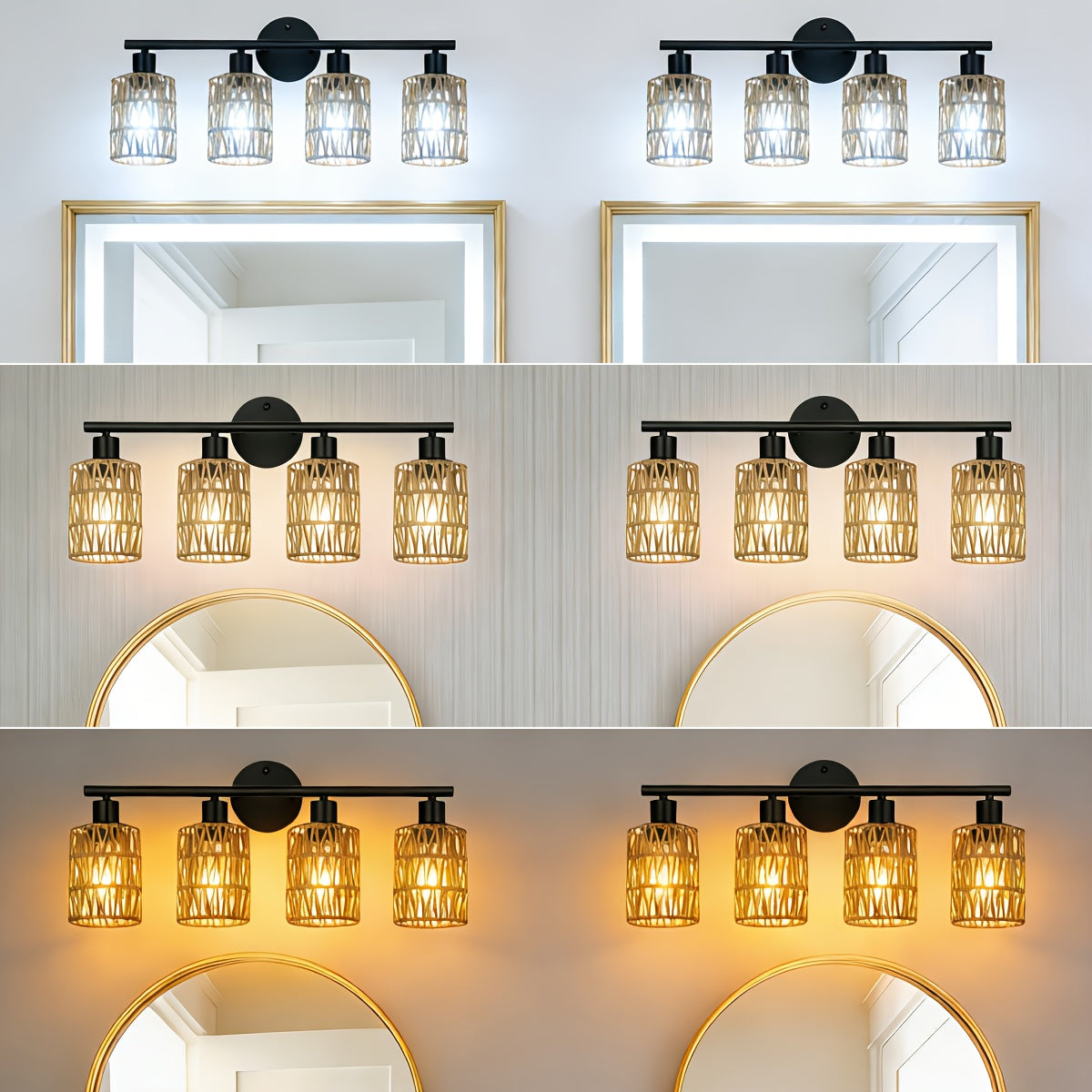 Farmhouse style 4-light hardwired semi-flush mount / ceiling mount vanity mirror light, with hand-woven lampshade — vintage cast iron top-mount wall light, suitable for bathroom, bedroom, hallway mirror installation (mirror not included)