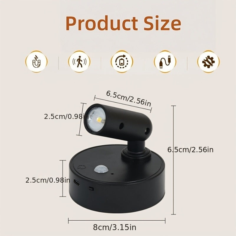 1-Piece, 3-Color Temperature Magnetic Wireless Sensor LED Spotlight/Wall Light: USB Rechargeable, Adjustable Warm/Cool/Neutral Light, 350° Rotatable, Suitable for Hallway, Art Display and Plant Lighting