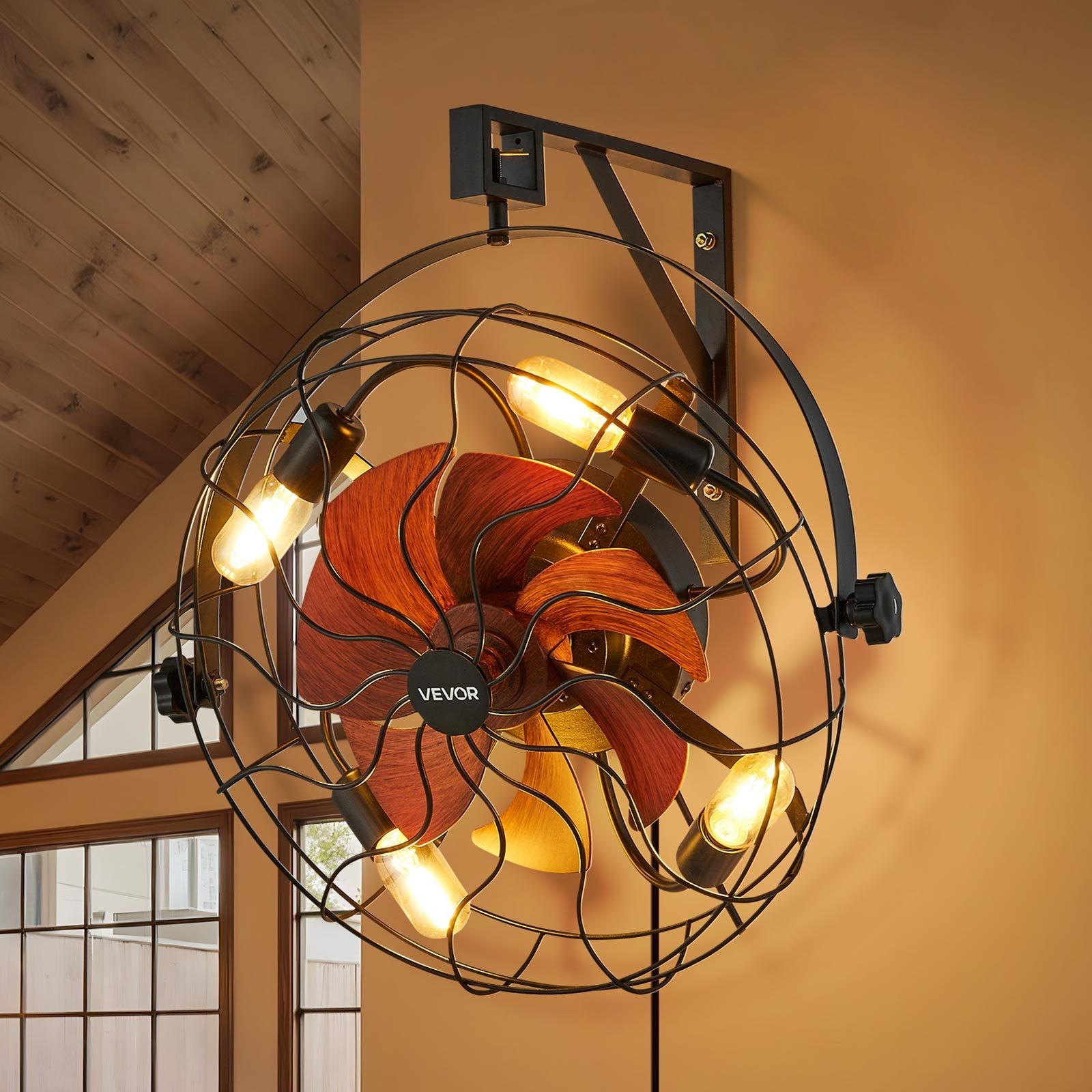 VEVOR Wall Mounted Fan with Lights, 21 Inch Wall Fan with Remote, 6-Speed Plug-in Wall Fan with Timer, 360° Adjustable Tilt, for Bedroom, Garage, Workshop (4 E26 Bulb Sockets Compatible, Bulbs Not Included)
