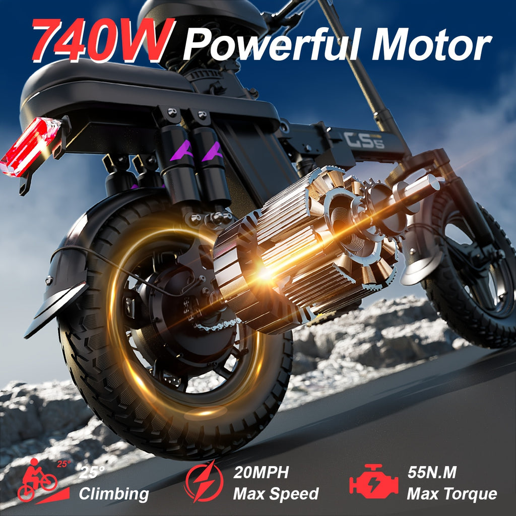 UPlee 740W 成人电动自行车，20MPH 全悬挂舒适骑行，48V15Ah，最大续航 32 英里可折叠电动自行车，14 英寸无内胎越野轮胎,城市通勤