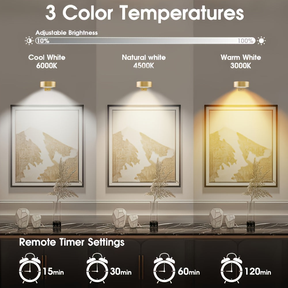 Gold/Black Wall Spotlight Fixture, Battery Operated (Batteries Not Included), Remote and Touch Control, LED Display Light, 3-Color Temperature Adjustable and Timer Picture Light, for Framed Art Portraits, Home Wall Decoration Display Light
